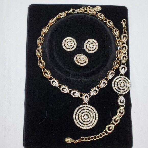 Statement Necklace Earrings Bracelet Ring Faux Clear Rhinestones Goldtone Circle - Picture 1 of 5